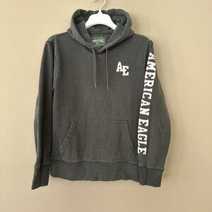 American Eagle Men XS Gray Hoodie Applique Patch Letters on Arm Y2K Pocket Activ